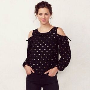 Lauren Conrad black and gold foil bee cold shoulder top